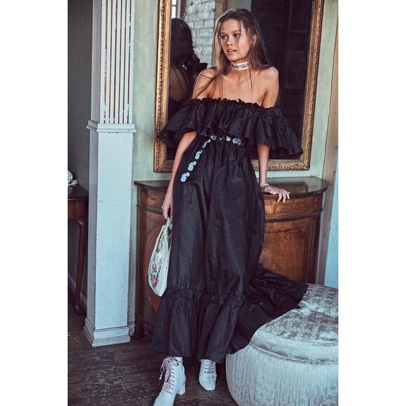 LoveShackFancy Tara Off-the-shoulder Ruffle-trim Taffeta Dress black size 2 - Picture 2 of 11